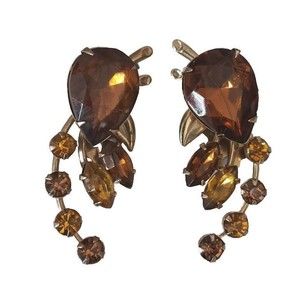Vintage 1950's Signed Beaujewels Amber Rhinestones 1.5" Long Clip On Earrings